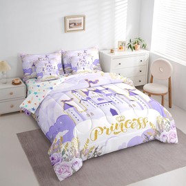 Manfei Girls Princess Comforter Set 7 Pieces Reversible,Cartoon Castle Purple Bed Set,Dreamy Fairy Tale Bedding Sets Queen (1 Comforter,2 Pillowcase,2 Pillow Covers,1 Flat Sheet,1 Fitted Sheet)