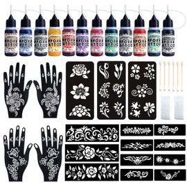 Temporary Tattoo Kit 12 Bottles 11 Colors Temporary Tattoo Ink 18 tattoo Stencils for Adults/Kids-Safe & Easy Fake Tattoos (Black×2, Red, Green, Purple, Orange, Navy Blue, Brown, Pink, Grey, Yellow)