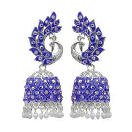 Handemade Peacock Ethnic Indian Silver Boho Enamel Dangle Jhumka Earring Women Jewelry, stud, Metal, No Gemstone