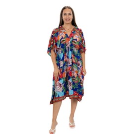 Women's Silk Blend Tropical Floral Kaftan One Size Beach Cover Up Hawaii Print Boho Resort Cardigan Cruise Vacation Swimsuits, Blue, XX-Small-XX-Large Tall