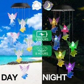 Gerhannery LED Solar Wind Chime Light Mother's Day Gifts Present Spiral Spinner Color Changing Garden Lamp Waterproof Outdoor Decorative Romantic for Patio Yard Garden with Hook (Round) (Angel)