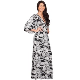 KOH KOH Womens Long Kimono 3/4 Sleeve Sleeves V-Neck Floral Retro Print Flowy Summer Formal Maternity Sun Sundress Gown Gowns Maxi Dress Dresses, Black & White L 12-14
