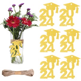 24 Pieces Glitter 2024 Cutouts Tags 2024 Graduation Cutouts Double Side Grad Caps Centerpieces 2024 Graduation Party Decorations with 32.8 Feet String for 2024 Congrats Grad Supplies Favor, Gold