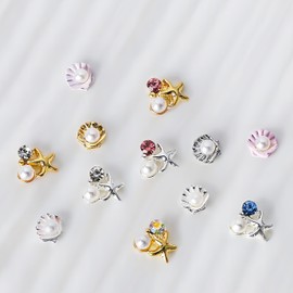 36Pcs Summer Nail Charms 3D Metal Nail Art Studs Seashell Starfish Theme Ocean Nail Rhinestones Sea Shell Nail Gems Pearl Colorful Crystal Design Nails Supplies Summer Beach DIY Crafts Manicure Decor