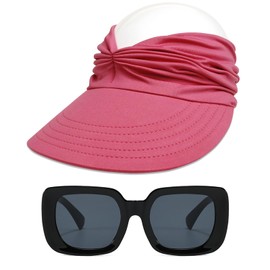 AUSQUQI Sun Visor Hat & Retro Oversized Rectangle Sunglasses Set—Lightweight Foldable Women's Sun Hat & Chunky Fashion Sunglasses for Travel & Beach（Pink/Black）, Pink/Black