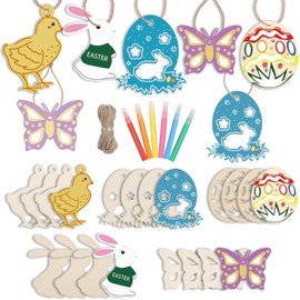 DERAYEE Pack of 20 Easter Crafts Wood, Wooden Pendants Easter Eggs for Painting, DIY Easter Pendants, Wood, Easter Bunny, Easter Eggs, Chicks, with String, Pens, Easter Decoration Crafts Children