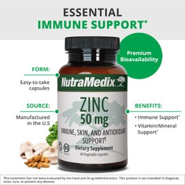 NutraMedix Zinc 50mg - Zinc Supplements for Immune, Skin & Antioxidant Support - Easy to Digest Zinc/Mineral & Vitamin Support for General Wellness & Immune Health (60 Vegetarian Capsules)