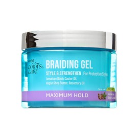 KISS COLORS & CARE Gel Trenzado Máxima Fijación, 6 Oz -Nutritivo, Añade Brillo, Aumenta La Humedad, Fijación Duradera, Para Todo Tipo De Cabello, Estilo Y Estiramiento, Para Estilos Protectores Claro