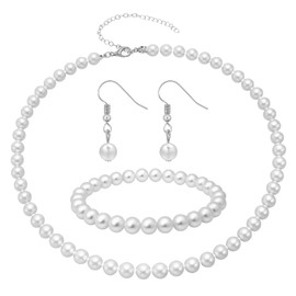 TIESOME Pearl Necklace Bracelet Earrings Set, Faux Pearl Jewelry Set Necklaces for Women White Costume Jewelry Accessories for Women Wedding Birthday Valentine Gifts(6mm)
