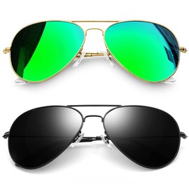Joopin 2 Pack Oversized Polarized Aviation Sunglasses Trendy, Black Military Style Sun Glasses, Mirrored Green Shades UV Protection