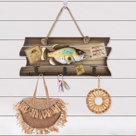 Pipilily Rustic Wooden Fish Wall Hooks Wall Mount Beach Coastal Ocean Theme Key Holder with Resin Fish for Keys, Jackets, Towels, Gift Hallway Entryway Kitchen Wall Art Decor (Style A)