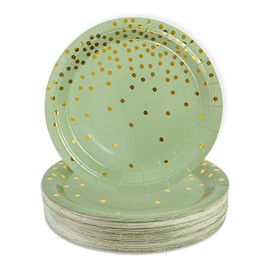 EVYIENEN 50Pcs Sage green and Gold Paper Plates, 9inch Metallic Foil Polka Dots Disposable Dessert Party Supplies for Graduation Wedding Holiday Christma Party Decorations