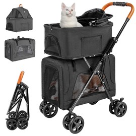 LPOTIUS Double Pet Stroller with Detachable Carrier for Medium Small Dogs and Cats, Lightweight Dog Stroller Travel Carriage with No-Zip Canopy Storage Basket One-Click Folding and One-Foot Brake
