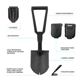 Folding Shovel BI2400 - Multifunctional Enamelled Steel Shovel, Shovel and Hoe, Saw and Nail Sharpener, Includes Nylon Bag, Accessories and Maintenance Bikain