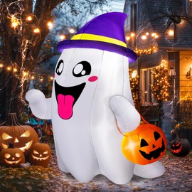 5FT Halloween Inflatables Ghost Wandering with Pumpkin Bucket Cute Halloween Decorations Outdoor Built-in Bright LED Lights Blow Up Yard Decoration Blowups for Garden Lawn Indoor Party Holiday
