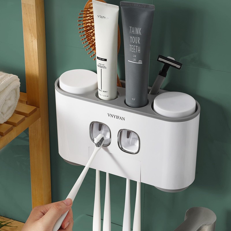 Toothbrush Holders with Toothpaste Dispenser Wall Mounted for Bathroom-4 Cups