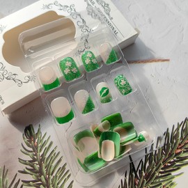 24Pcs St. Patrick's Day Nails French Tip Press on Nails Short Square Fake Nails Shamrock Glue on Nails Glitter Nail Tip Acrylic False Nails Lucky Clover Artificial Nails Green French Stick on Nails