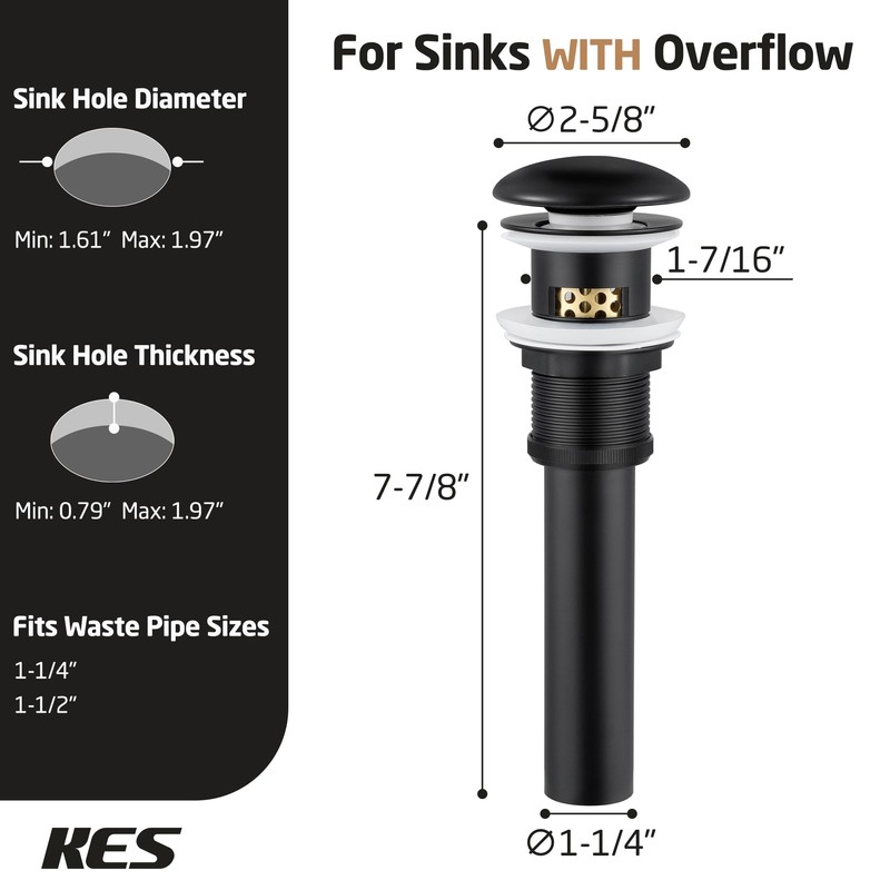 Ceramic Cap Sink Drain Strainer with Overflow, KES Black Bathroom