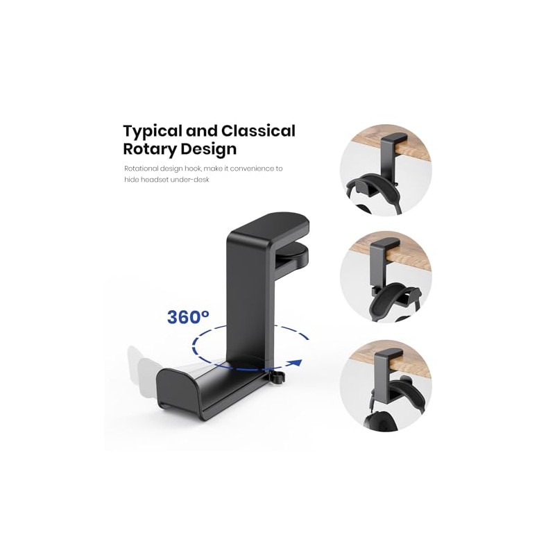 Adjustable Rotating Headphone Stand with Cable Organizer - Black