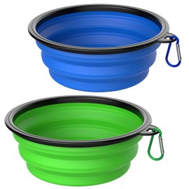 Takfox Collapsible Dog Bowls [2 Pack] 20 oz, Travel Dog Bowls, Pet Bowl Portable Foldable Water Food Feeding Dishes with Carabiner Clip for Traveling Hiking Walking-Green & Blue