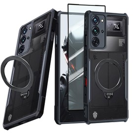 Guizzcg Case for Red Magic 10 Pro/10 Pro+/10S Pro/10S Pro+ Case with Ring Stand Holder, Soft TPU Bumper + Acrylic Back Military Grade Airbags Shookproof Drop Protection[1 Tempered Film],Stand Black