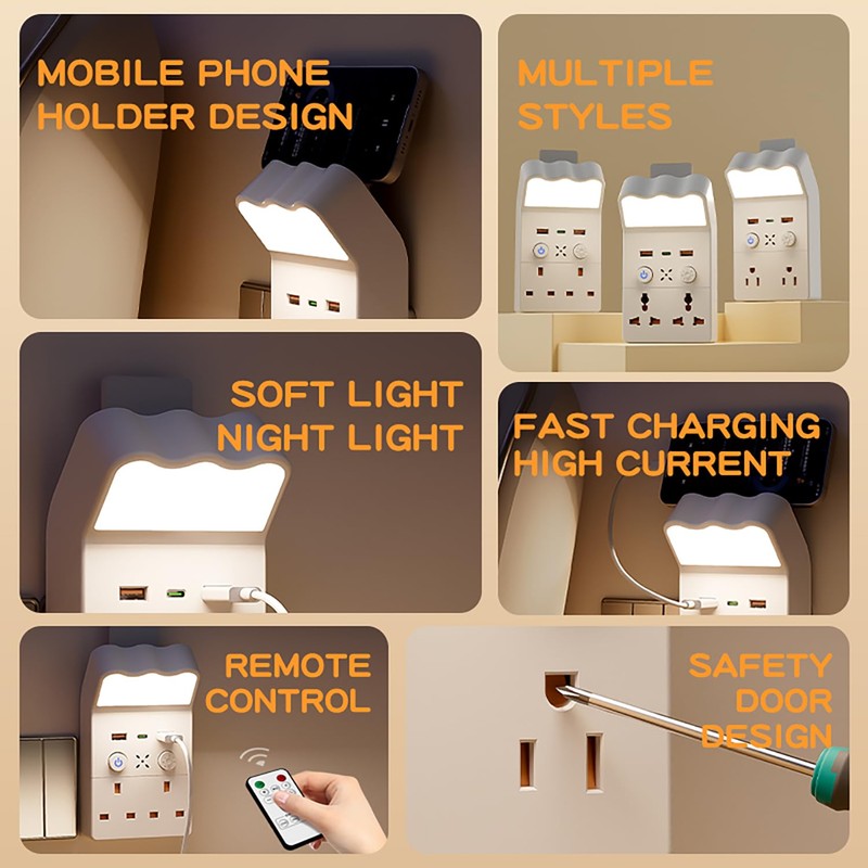 Smart Remote Control Night Light Socket,2AC+3USB Fast Charging,Wall Outlet Night
