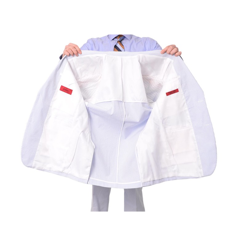 Emigre Classic Fit Blue Pinstriped Two Button Cotton Seersucker Suit