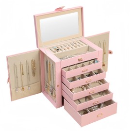 HARWOO Jewelry Box Large, 6-Layer Jewelry Storage Boxwith Mirror and 5 Drawers for Women to Store Earrings, Rings and Necklaces(Pink)