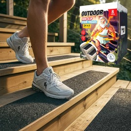 Thunder Grip Outdoor Stair Treads Non Slip 24" x 4" - 8-Pack Weather Resistant Exterior Grip Tape for Wooden Steps - Anti Skid Strips - Waterproof 80-Grit Adhesive Treads