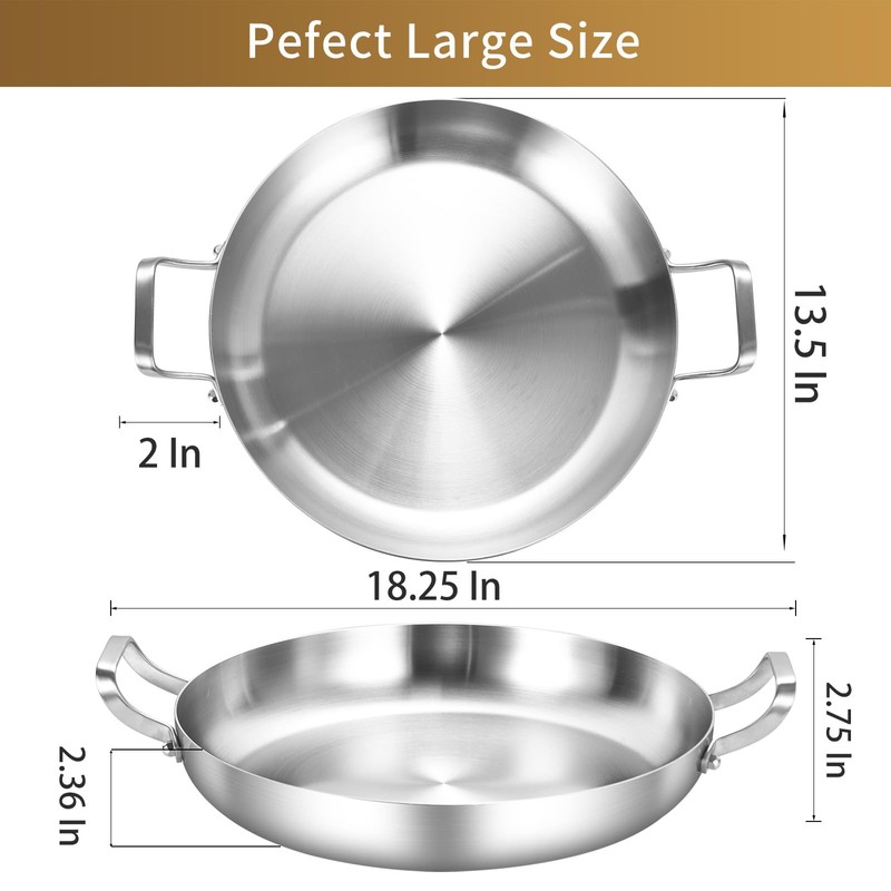 Inqibee 13-Inch Tri-Ply Stainless Steel Paella Pan,Large Skillet,Griddle Pan,Large Frying