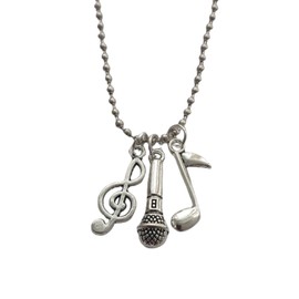 Music Notes and Microphone Necklace, Stainless Steel Ball Chain Long Necklace for Man Woman, for Music Lover