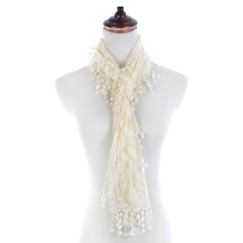 BSB AN Fashion Leafy Lace Scarf Womens With Tassels (66 inches x 8.5 inches + 2 inch tassel, Ivory)