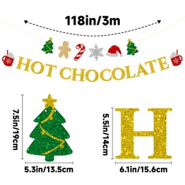 jijAcraft Christmas Hot Chocolate Banner – Pre-Strung Glitter Gold Christmas Garland, Hot Chocolate Bar Supplies, Banner Set with Cocoa Cups, Trees, Gingerbread, Snowflakes - Holiday&Winter Party Decorations