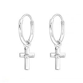 Hoop Earrings with Dangling Hanging Cross with Crystal Stones - 925 Sterling Silver