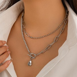 LXSSLY Silver Layered Baroque Pearl OT Clasp Necklace for Women Stacking Beaded Ball Chain Paperclip Pearl Chain Choker Necklace Fashion Retro Charm Jewelry