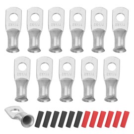 MECCANIXITY 12pcs 6 AWG M6 Battery Lugs Ring Terminals, 1/4" 6mm Stud Crimp Wire Terminal Connector End Copper, 3:1 Heat Shrink Tubing, Silver