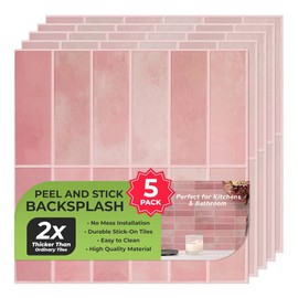 Peel and Stick Backsplash Tiles, 3D Wall Panels with Commercial-Grade Adhesive, Extra Thick Water & Heat-Resistant Stick-On Tile Backsplash for Kitchen, Bathroom, Laundry, 5 Sheets of 12" x12” (Pink)