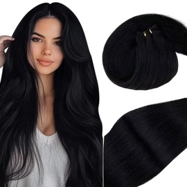 Jet Black Sew in Hair Extensions Real Human Hair 18 Inch #1 Black Weft Human Hair Extensions Sew in Silky Bundles Remy Human Hair 100 Grams/pack