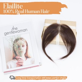 Elailite Side Bangs Clip in Fringe Human Hair Split Curtain Bangs Real Hair Lace Base 360°Cover Top HairPieces 8 Inch - #02 Dark Brown