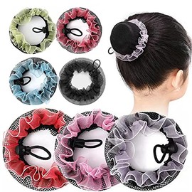 7 piezas de redes para el cabello con moños de colores, tamaño pequeño de 7,5 cm/2,95", malla elástica, reutilizables con cordón para fijar el cabello de niñas y niños