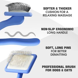 Bonteck Dog Brush Dog Grooming Kit 4PCS-Dog Slicker Brush For Grooming | Long Pin Brush For Dematting | Deshedding Dog Brush | Dog Bath Brush | Flea Comb | Dog Comb | Long Haired Dog Brush,Large(Blue)