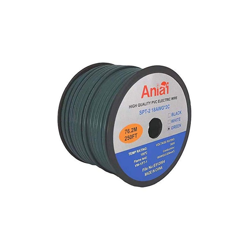 Aniai Spool 18/2 SPT-2 Bulk Lamp Cord, 300-Volt 18-Gauge. (250ft-SPT2-18AWG,