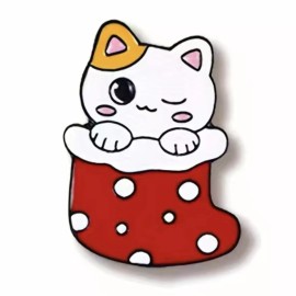 Unbranded A Beautiful, Brown & White Cat In A Red Polkadot Stocking, Enamel, Christmas pin