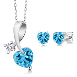 Gem Stone King 925 Silver Swiss Blue Topaz Heart Shape Pendant and Earrings Jewelry Set For Women (2.73 Cttw, Gemstone November Birthstone, with 18 Inch Chain)