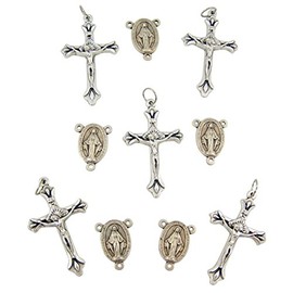 Religious Gifts Silver Tone Miraculous Medal Rosary Centerpiece with Crucifix Pendants, Lot of 10