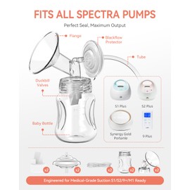 Breast Pump Replacement Parts Compatible with Spectra S1/S2/9 Plus, Not Original Accessories, Full Set Include 21mm Flanges, Valves, Tubings and Bottles，Backflow Protectors and Duckbills