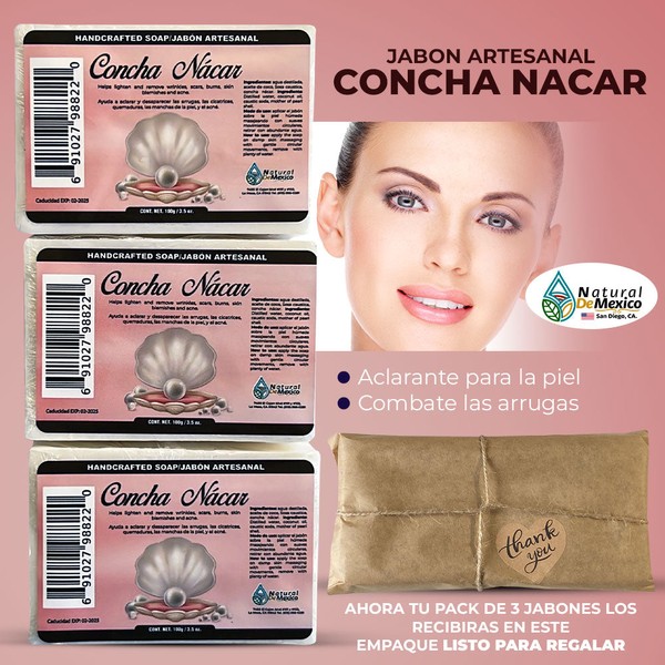 Natural de Mexico USA Jabon de Concha Nacar con Algas Marinas Pack de 3 mas Esponja Facial Gratis