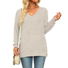 Womens Long Sleeve Shirts V Neck Sweaters for Women Trendy Casual Apricot M