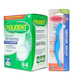 Dentu-Care Overnight Denture Cleaning Tablet Denture Brush Set - Advanced Strength Whitening Formula for Full & Partial Dentures - Polident 84 Cleansing Tablets & Specialized Denture Toothbrush