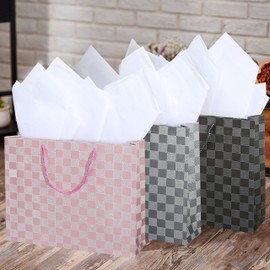 MyGift Birthday Gift Bags for Women, Kids, Men with Assorted Color Glitter Checkerboard Design, 15 x 12, Set of 3